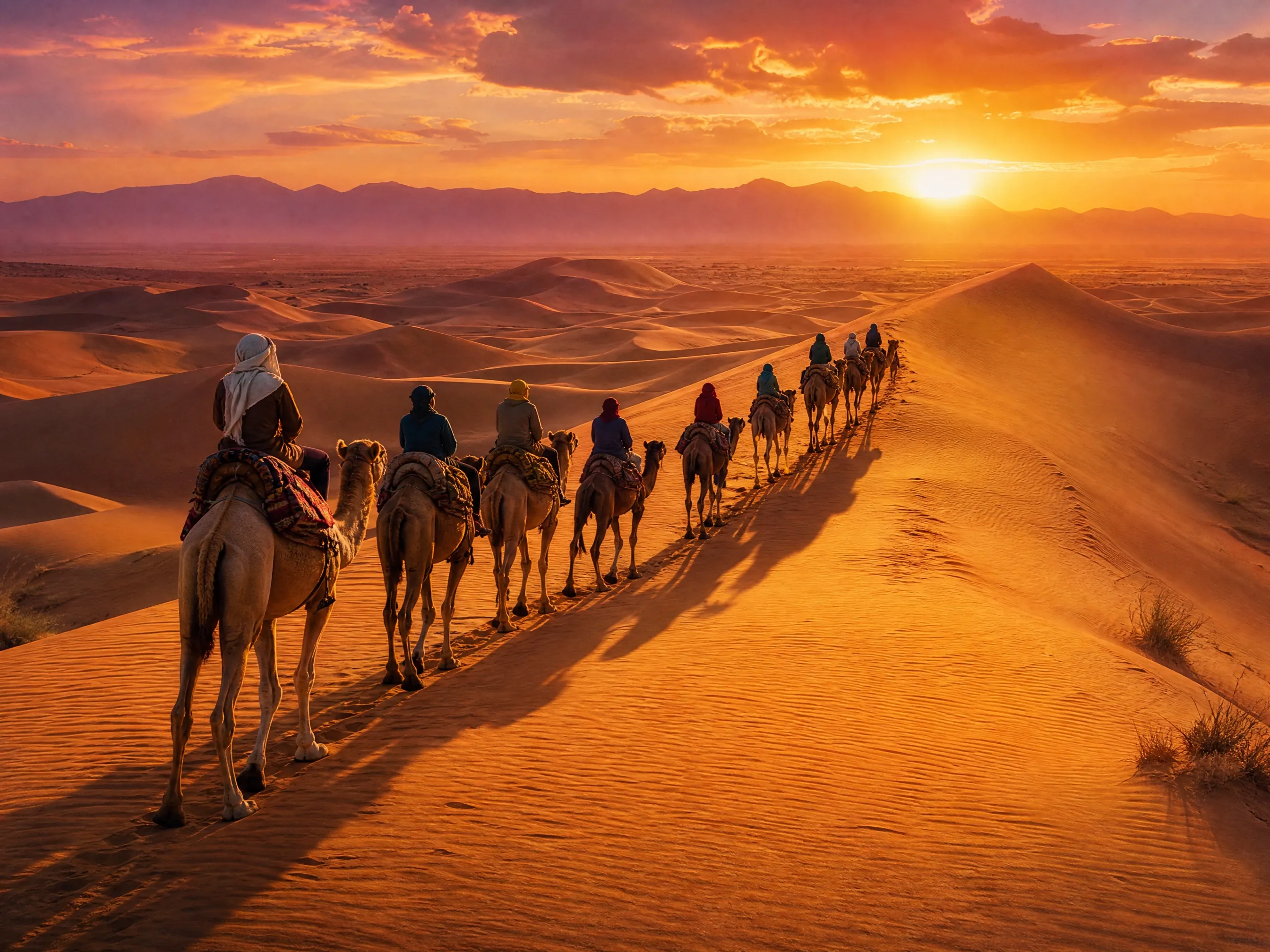 Desert caravan at sunset